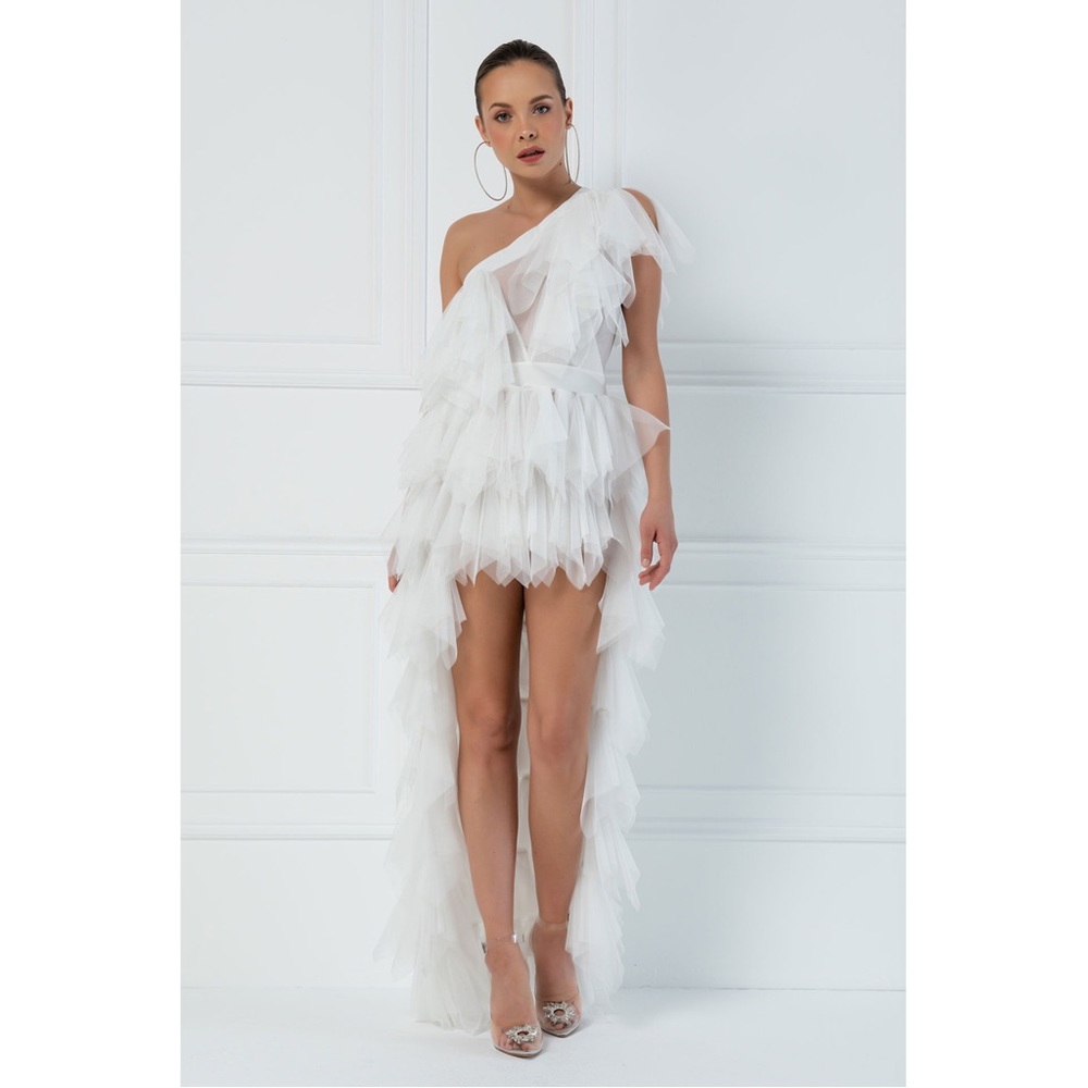 NWT Kikiriki One Shoulder Ruffle Off White Mini Tulle Dress size small
